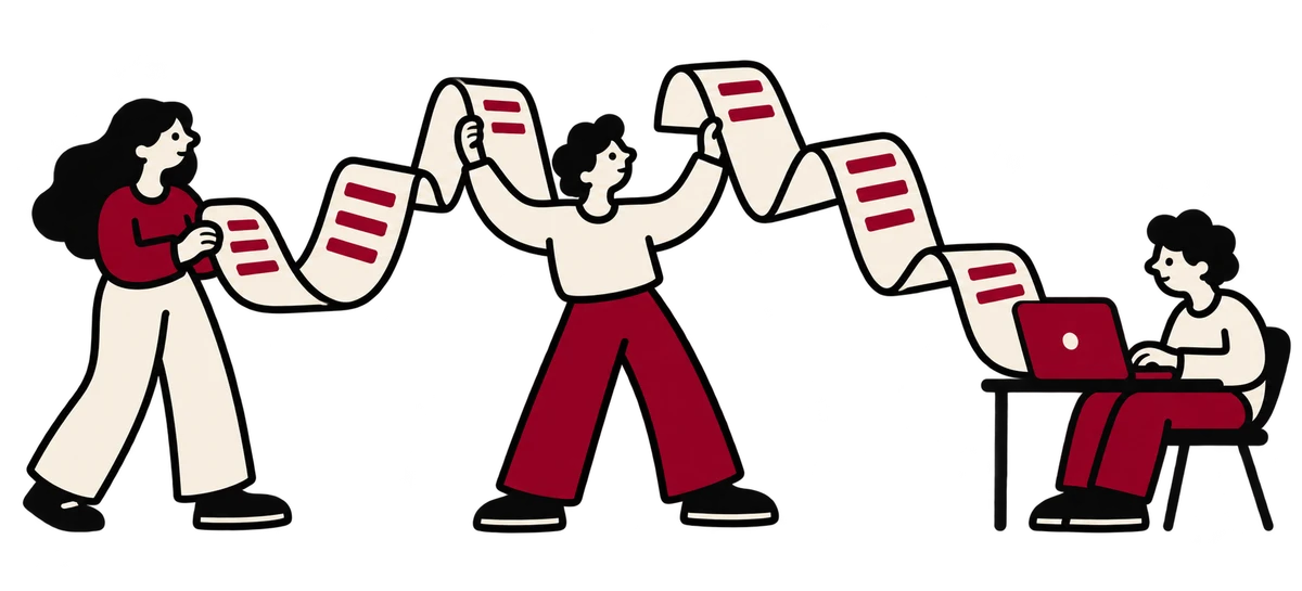 Three illustrated researchers working together on a long stream of documents